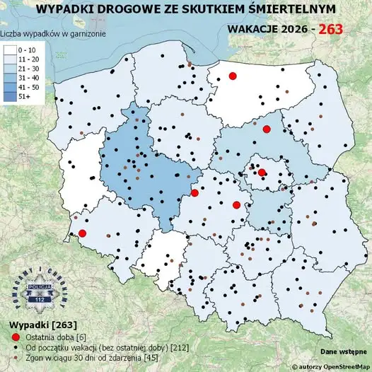 6 śmiertelnych wypadków w ciągu doby – policja apeluje o ostrożność