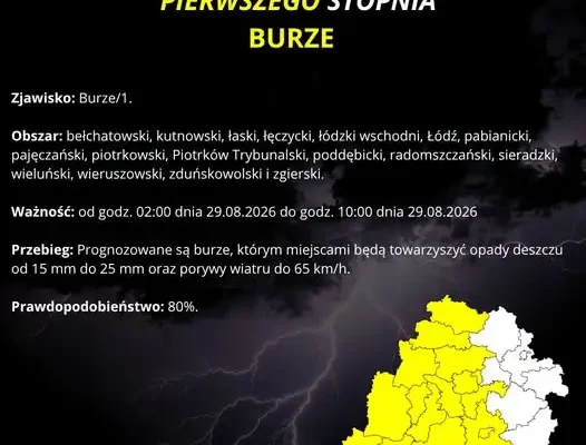 Ostrzeżenie IMGW: Burze z silnym wiatrem i deszczem w regionie łódzkim