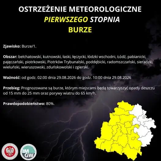 Ostrzeżenie IMGW: Burze z silnym wiatrem i deszczem w regionie łódzkim