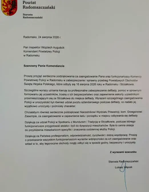 Radomszczańscy policjanci docenieni za zabezpieczenie obchodów Święta Wojska Polskiego