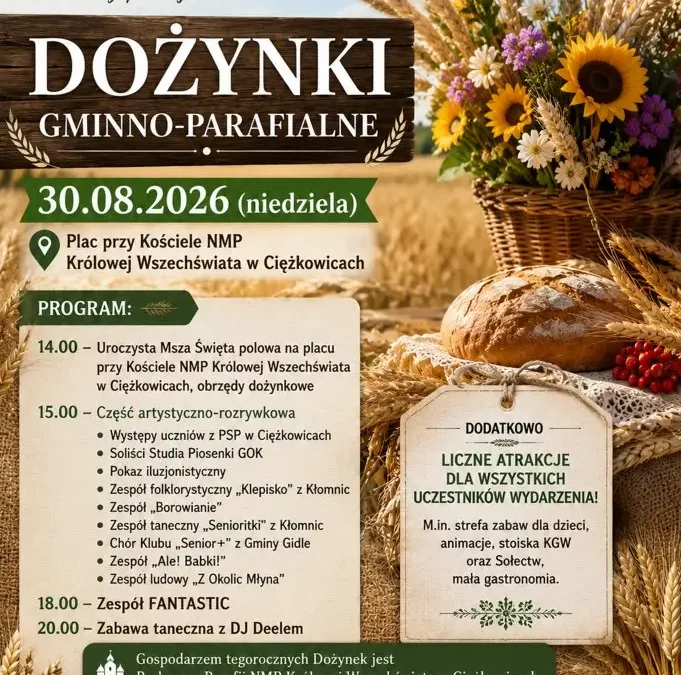Dożynki Gminno-Parafialne w Gidlach – zaproszenie na święto plonów