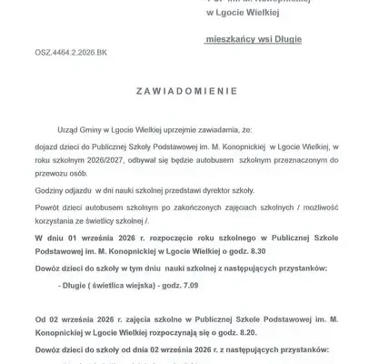 Gmina Lgota Wielka: harmonogram dowozu uczniów na rok szkolny 2026/2027