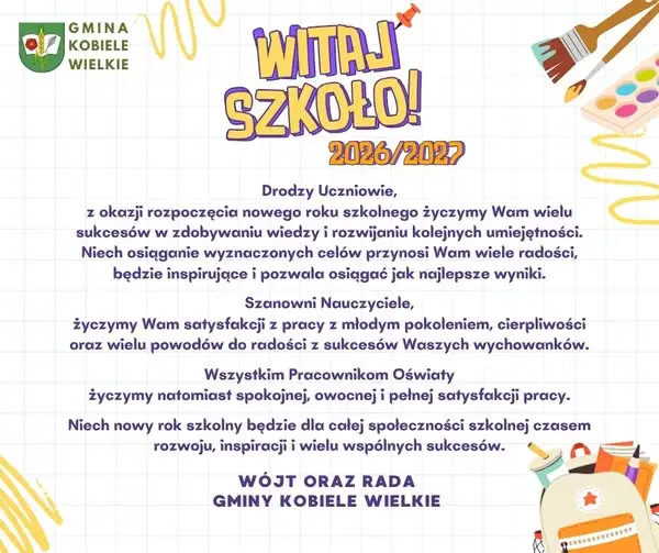 Nowy rok szkolny 2026/2027 w gminie Kobiele Wielkie – życzenia od wójta i rady gminy