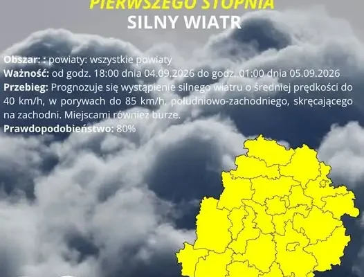 IMGW ostrzega przed silnym wiatrem – porywy do 85 km/h w całym regionie