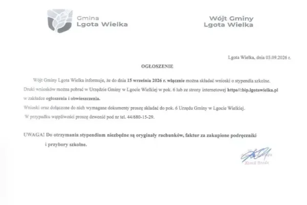 Stypendia szkolne w Lgocie Wielkiej: wnioski do 15 września