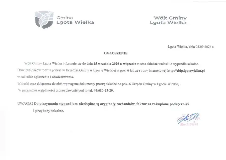Stypendia szkolne w Lgocie Wielkiej: wnioski do 15 września