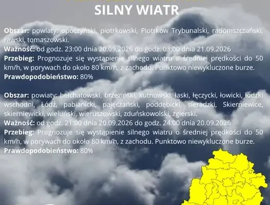 Silny wiatr nad województwem łódzkim – ostrzeżenia IMGW I stopnia