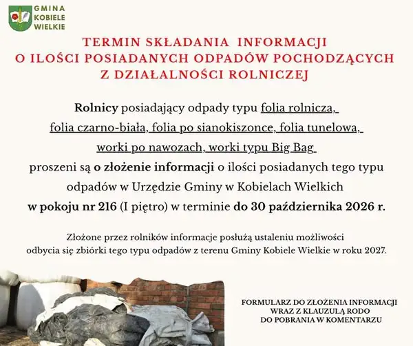 Rolnicy z Gminy Kobiele Wielkie muszą zgłosić odpady do 30 października