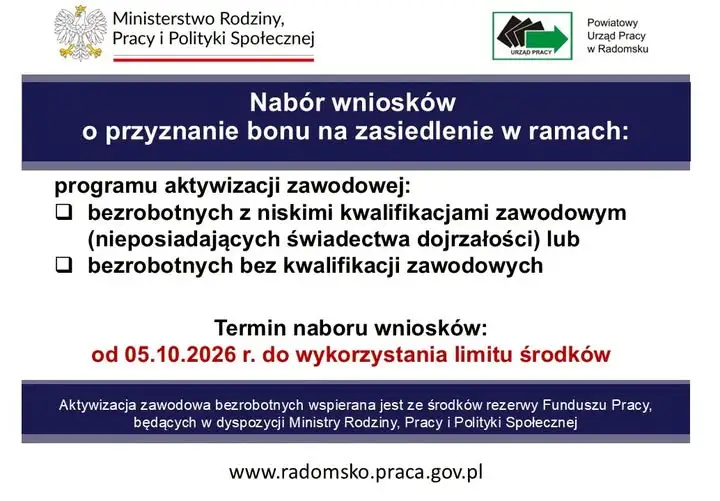 Powiatowy Urząd Pracy w Radomsku oferuje bony na zasiedlenie dla bezrobotnych z niskimi kwalifikacjami