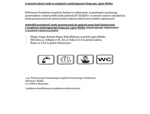Woda z wodociągu Krępa znów bezpieczna. Sanepid potwierdza przydatność do spożycia