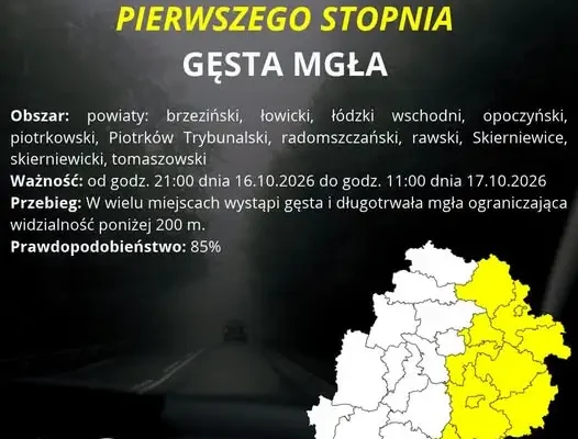 Gęsta mgła nad regionem łódzkim – IMGW ostrzega do godz. 11:00