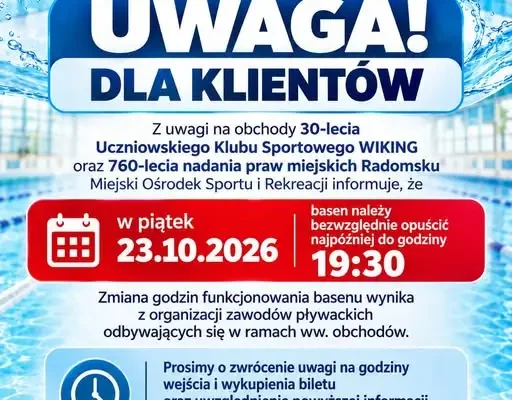 Basen AQUARA w Radomsku krócej otwarty 23 października – powód: zawody pływackie
