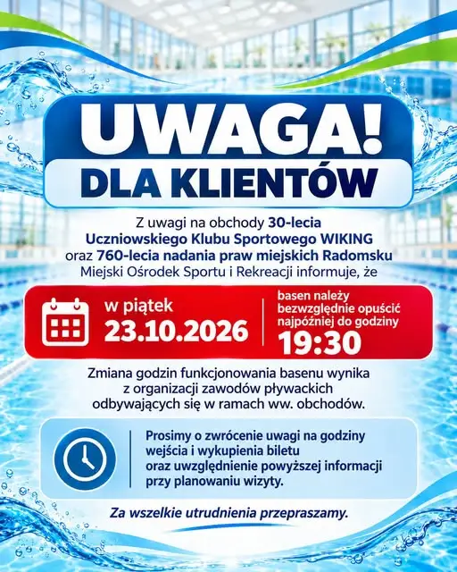 Basen AQUARA w Radomsku krócej otwarty 23 października – powód: zawody pływackie