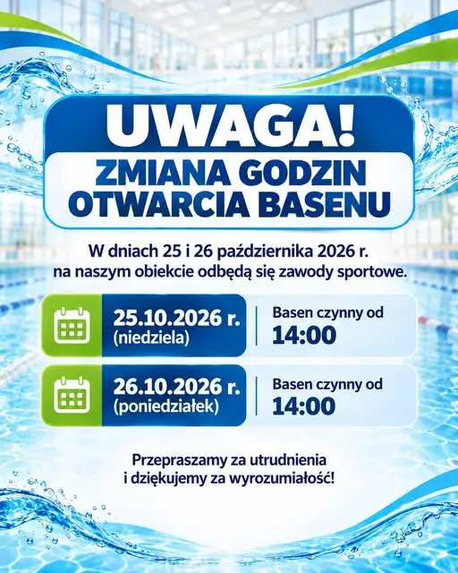 Basen AQUARA w Radomsku zmienia godziny otwarcia z powodu zawodów